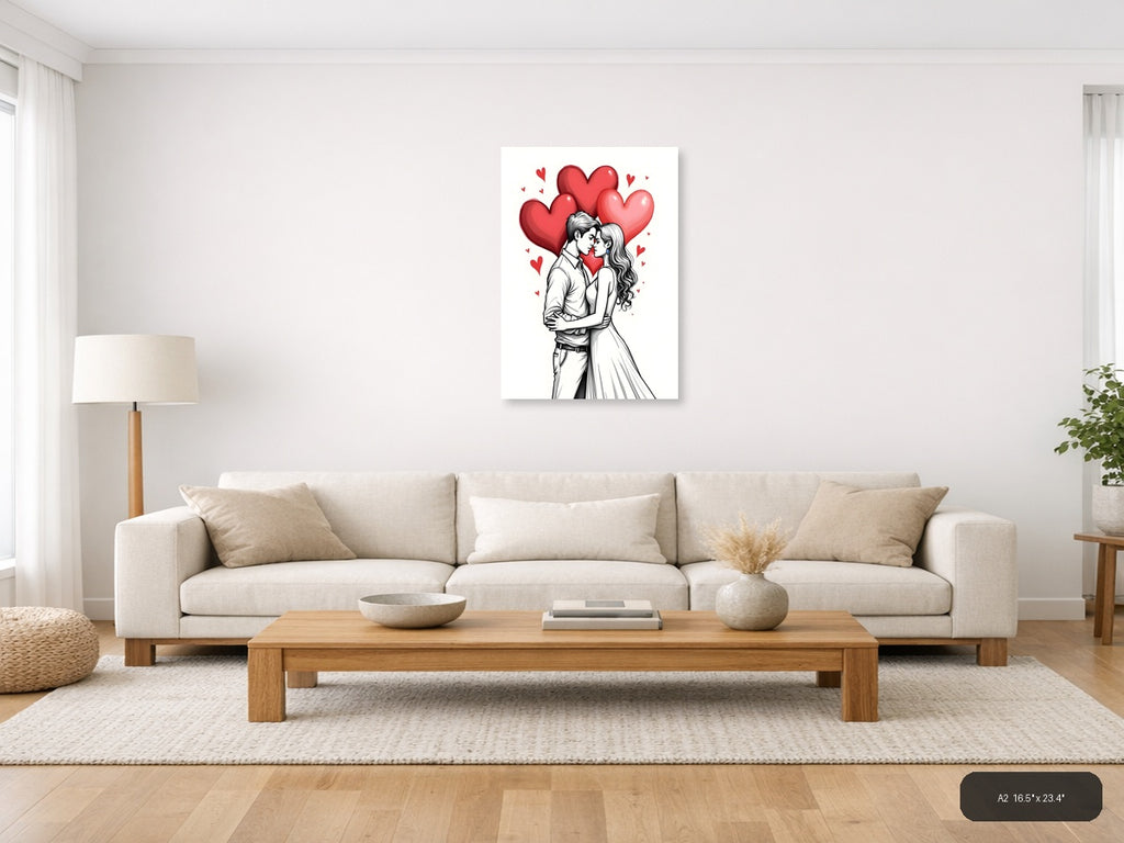 Couple Kissing Line Art with Red Hearts Wall Art — A2 / Living Room