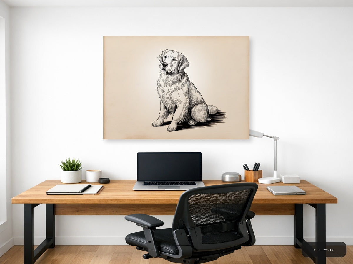 Golden Retriever Sitting Portrait Line Art Wall Art — A1 / Office