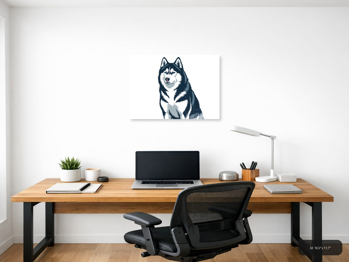 Husky Portrait Minimalist Black and White Wall Art — A3 / Office