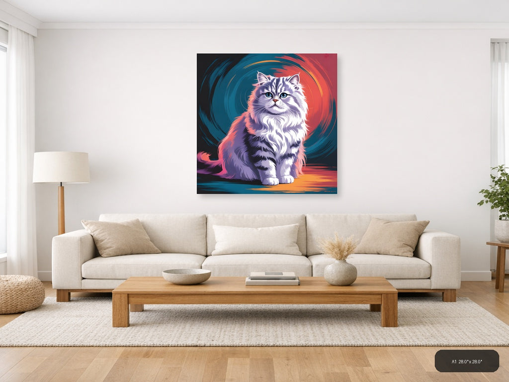 Fluffy Cat Abstract Portrait with Neon Colors Wall Art — A1 / Living Room