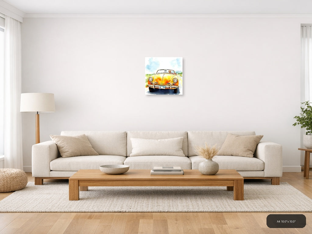 Yellow Convertible Car Watercolor Painting Wall Art — A4 / Living Room