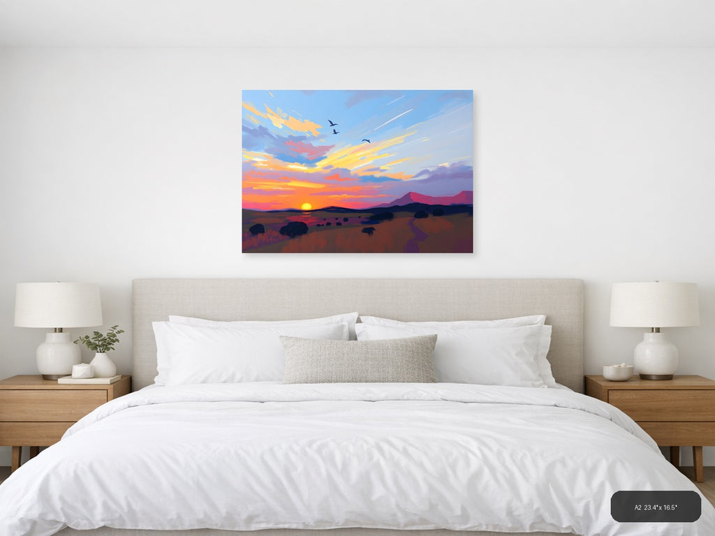 Abstract Sunset Landscape with Birds - Canvas Wall Art — A2 / Bedroom