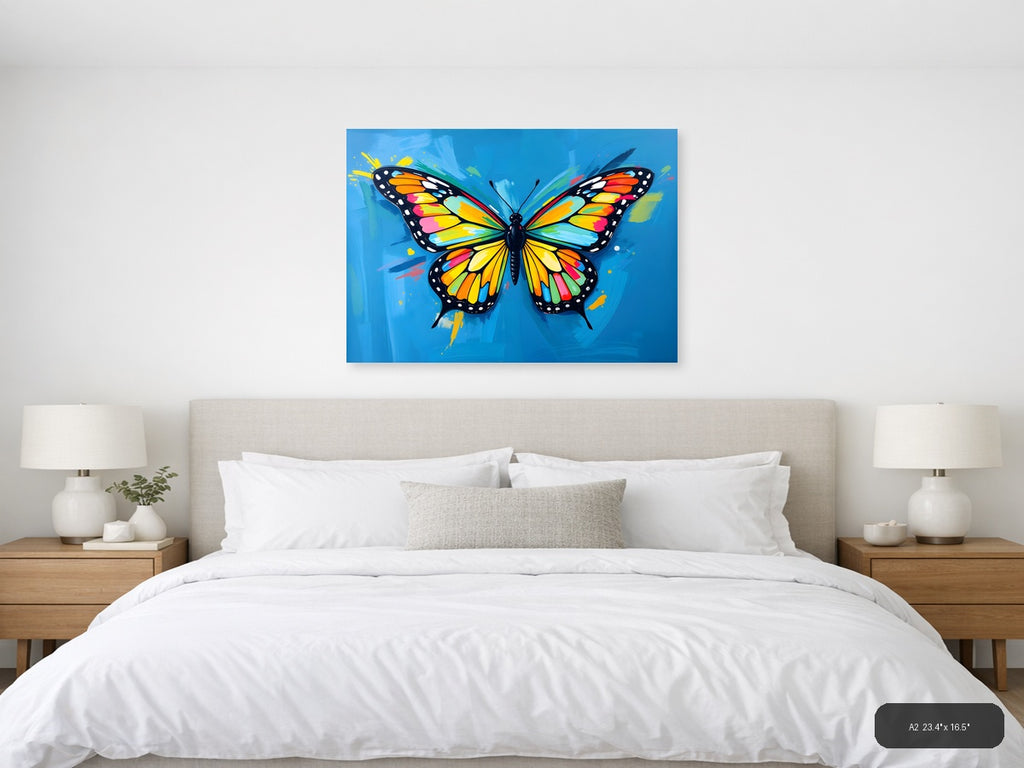 Vibrant Rainbow Butterfly Abstract Blue Wall Art — A2 / Bedroom