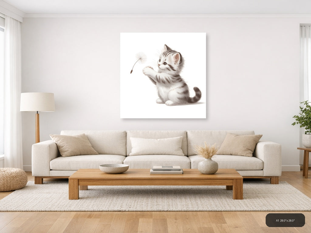Cute Kitten with Dandelion Minimalist Wall Art — A1 / Living Room