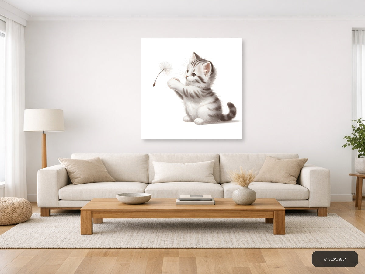Cute Kitten with Dandelion Minimalist Wall Art — A1 / Living Room