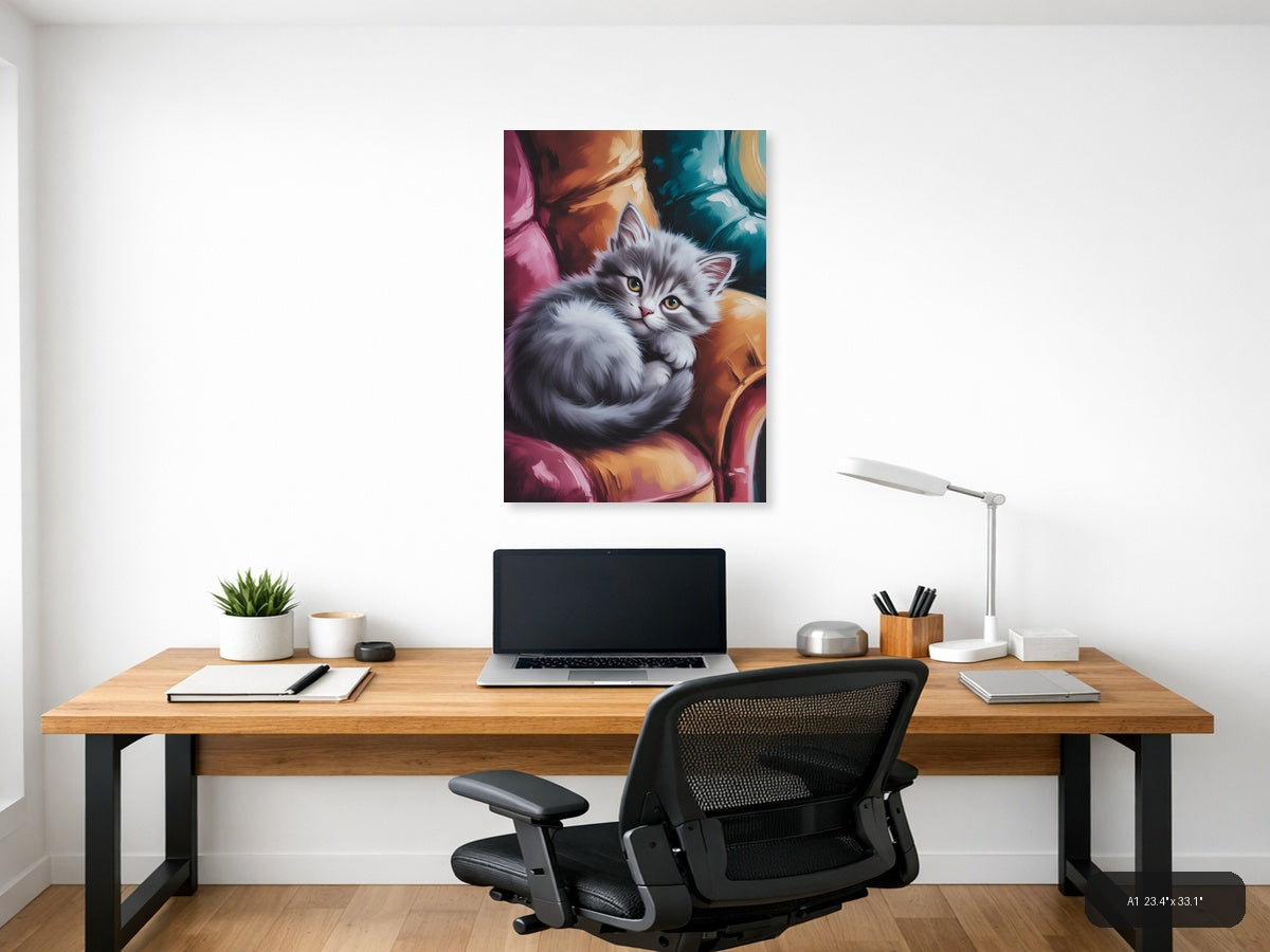 Fluffy White Kitten Abstract Colorful Wall Art — A1 / Office