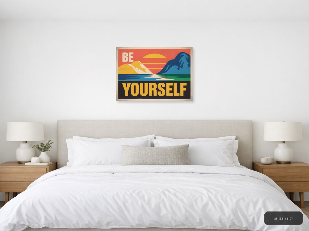 Be Yourself Vintage Retro Mountain Landscape Wall Art — A3 / Bedroom