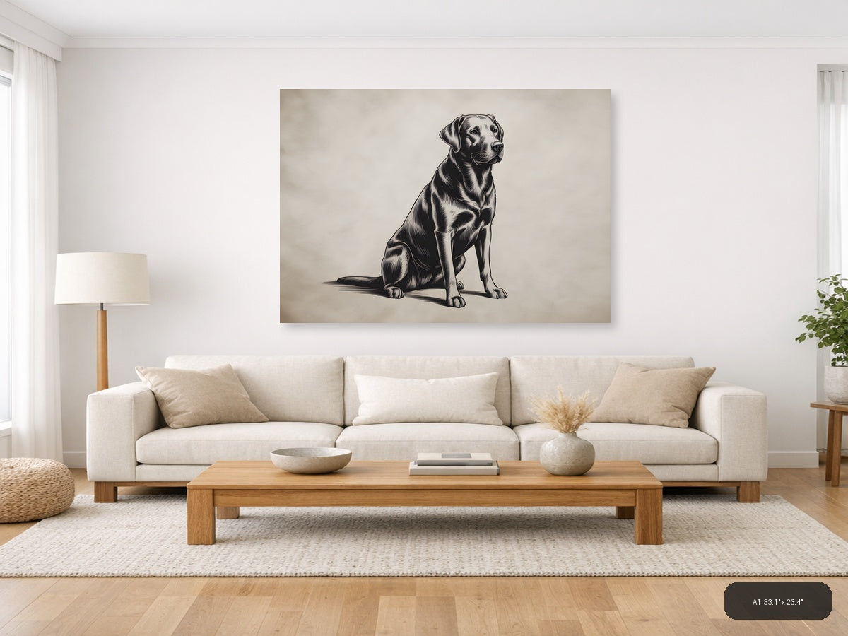 Sitting Labrador Retriever Line Art Black & White Wall Art — A1 / Living Room