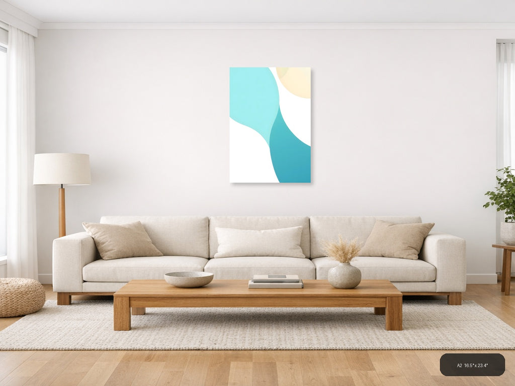 Minimalist Turquoise and Cream Abstract Curves Wall Art — A2 / Living Room