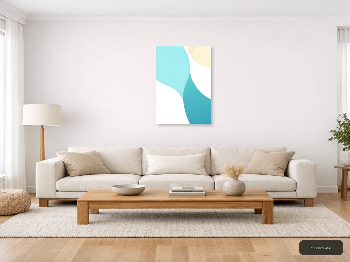 Minimalist Turquoise and Cream Abstract Curves Wall Art — A2 / Living Room