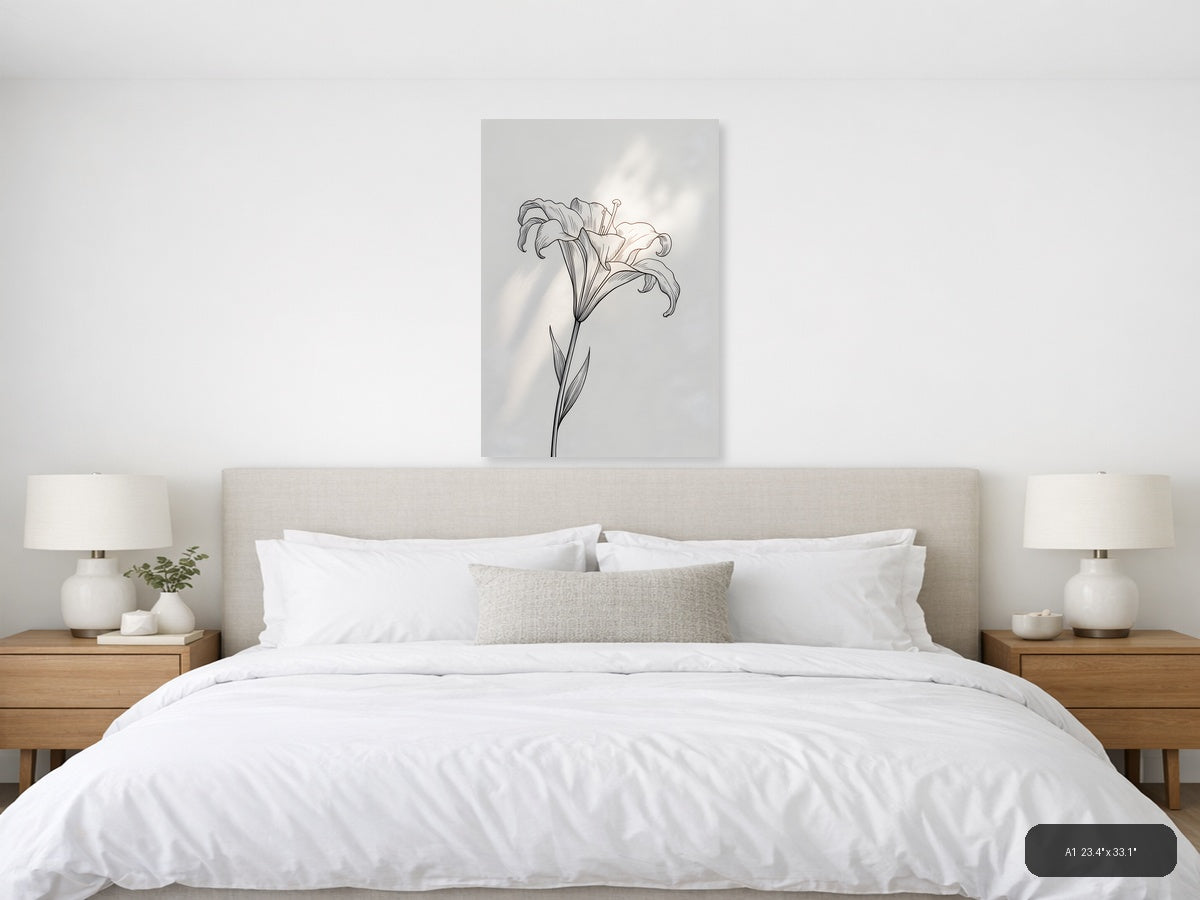 Delicate Lily Flower Line Art Drawing Wall Art — A1 / Bedroom