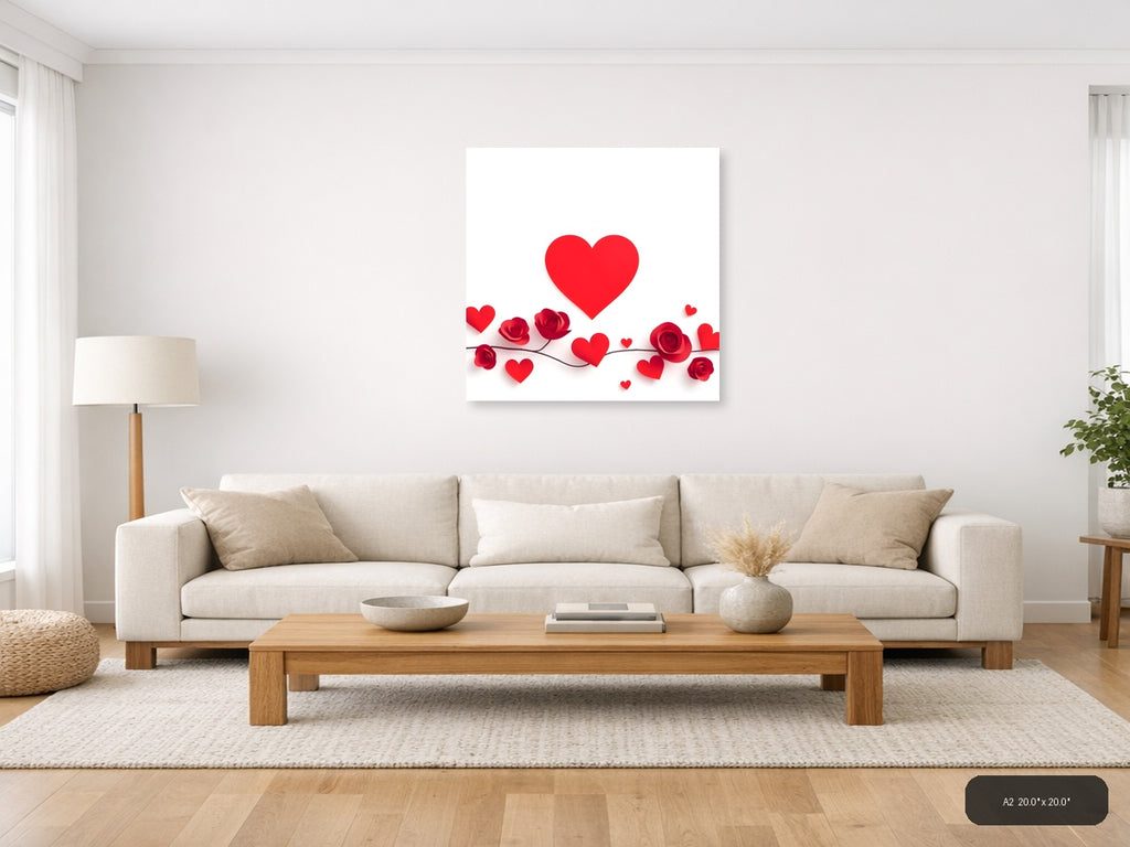 Minimalist Red Hearts and Roses Floral Wall Art — A2 / Living Room