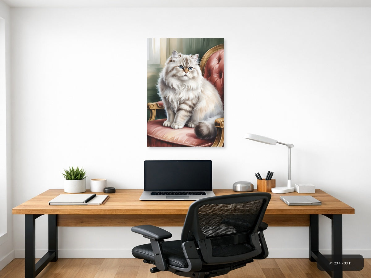 Fluffy White Cat on Pink Chair Watercolor Wall Art — A1 / Office