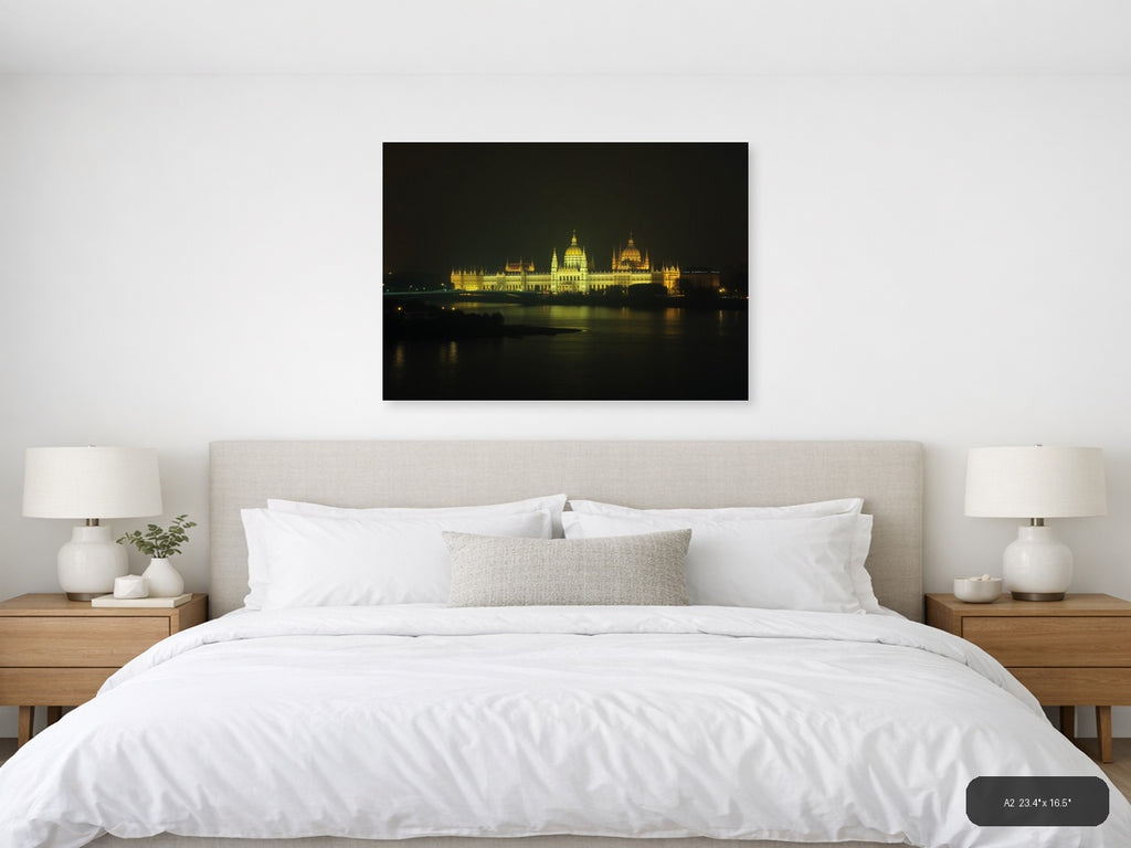 Golden Parliament Building Night Reflection | Minimalist Landscape Wall Art — A2 (Bedroom)