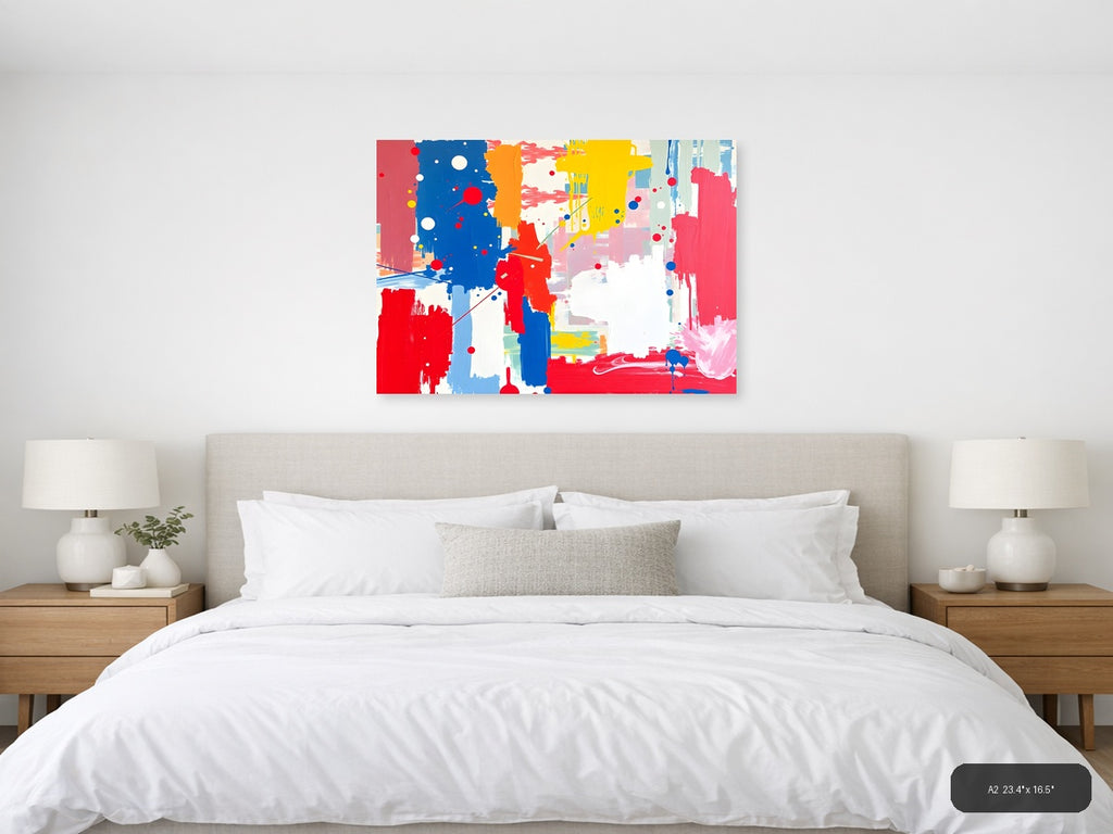 Vibrant Abstract Composition with Red, Blue & Yellow Wall Art — A2 / Bedroom