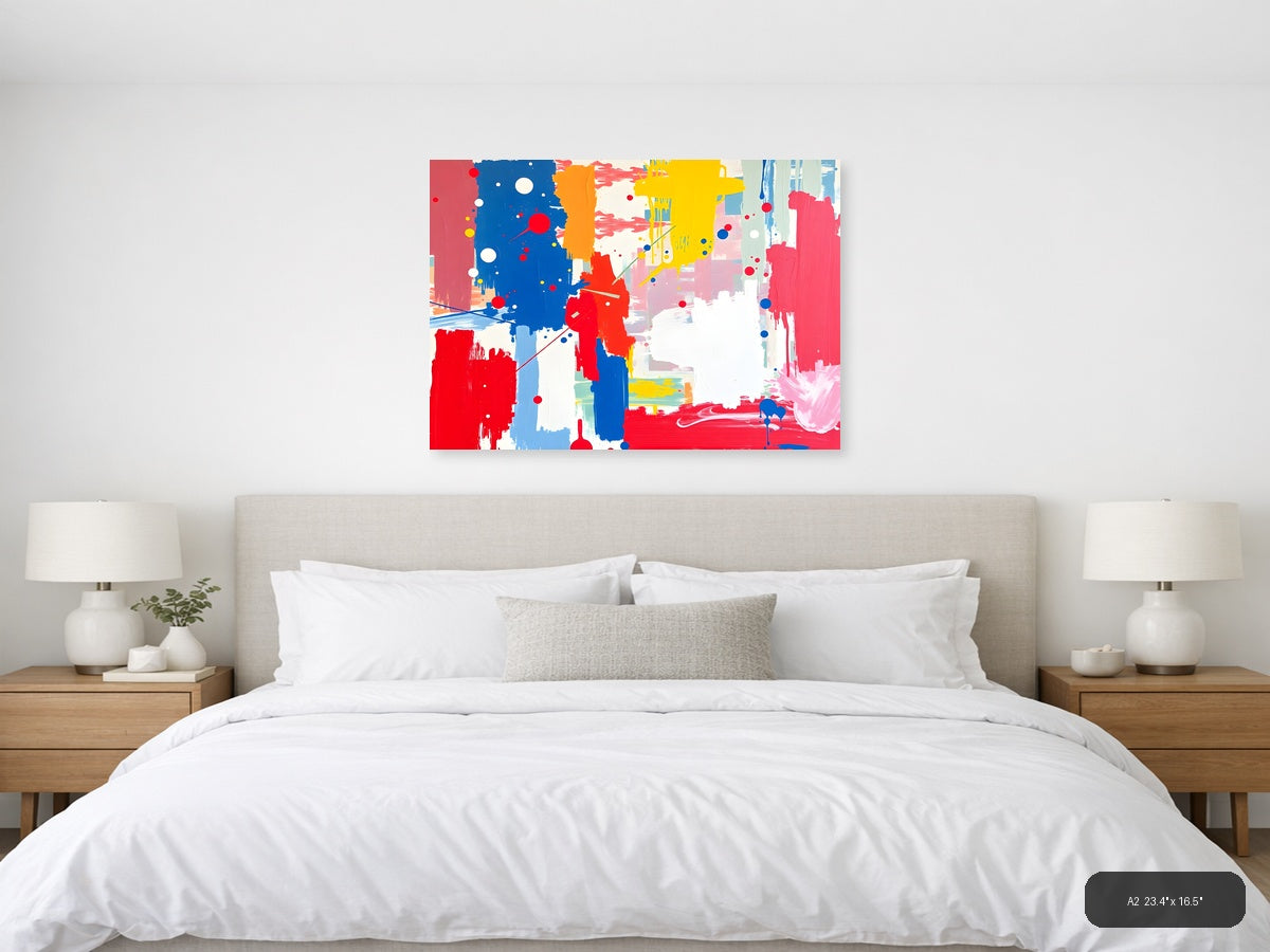 Vibrant Abstract Composition with Red, Blue & Yellow Wall Art — A2 / Bedroom