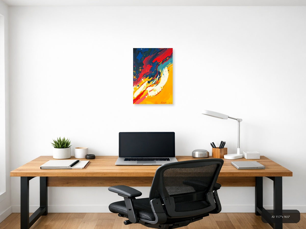 Bold Abstract Fluid Art with Red, Blue & Yellow Wall Art — A3 / Office