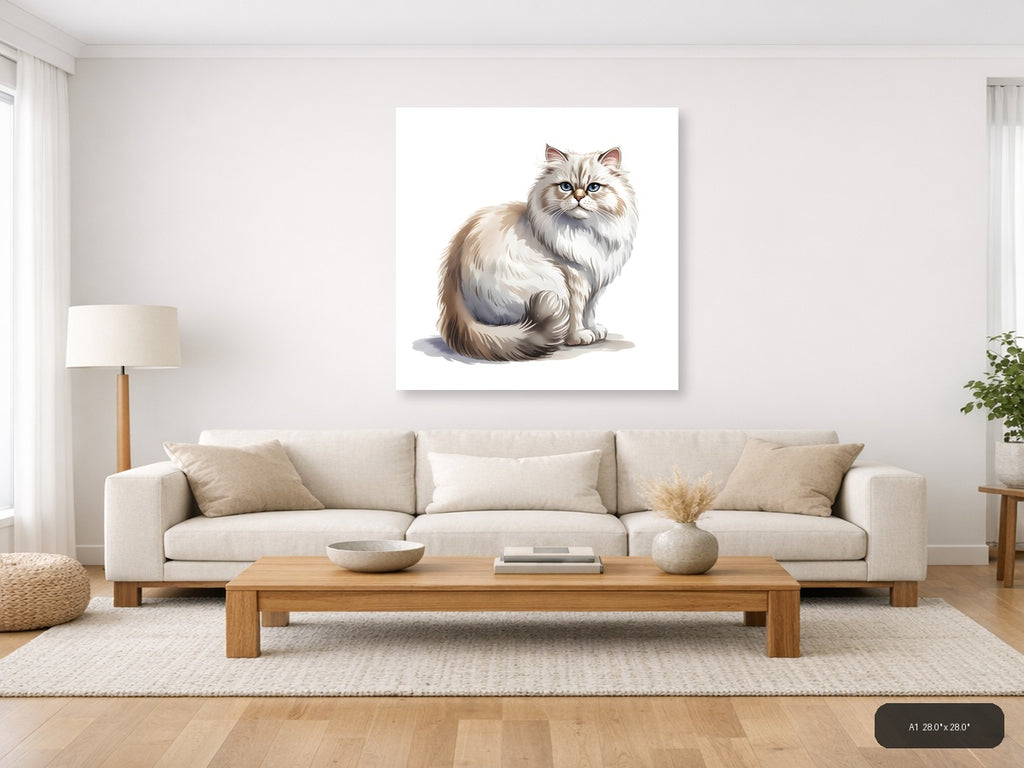 Fluffy White Cat with Blue Eyes Minimalist Wall Art — A1 / Living Room