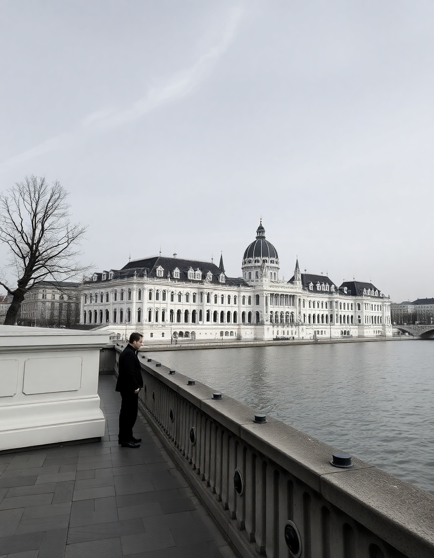 Man at Railing Overlooking Grand Palace | Minimalist Wall Art