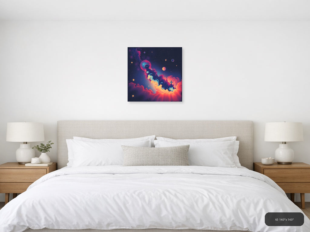 Vintage Cosmic Space Scene with Planet & Cross Wall Art — A3 / Bedroom