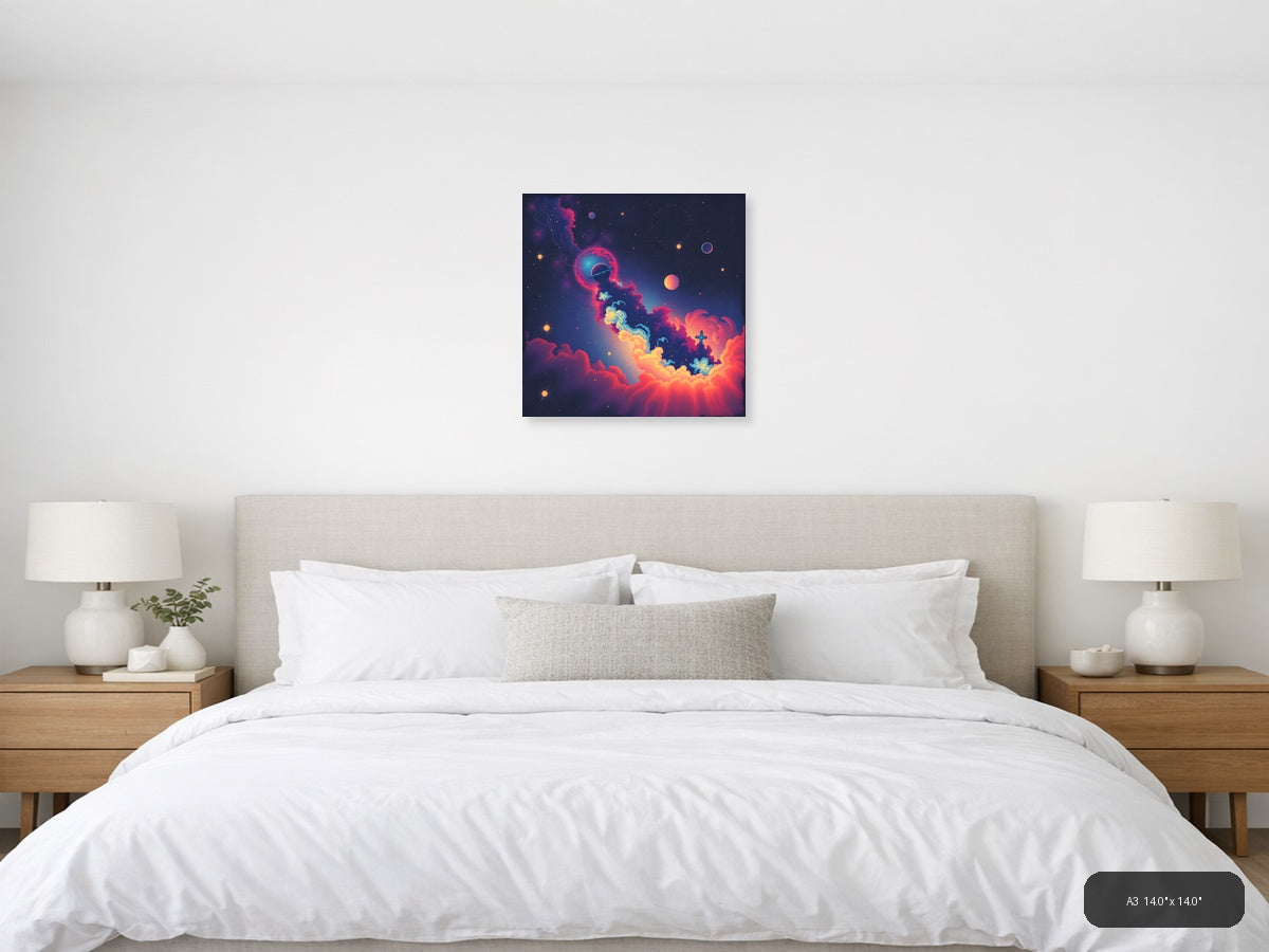 Vintage Cosmic Space Scene with Planet & Cross Wall Art — A3 / Bedroom