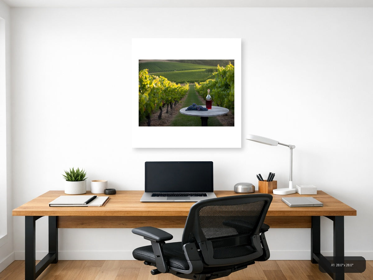 Vineyard Wine Bottle Grapes Minimalist Wall Art — A1 / Office