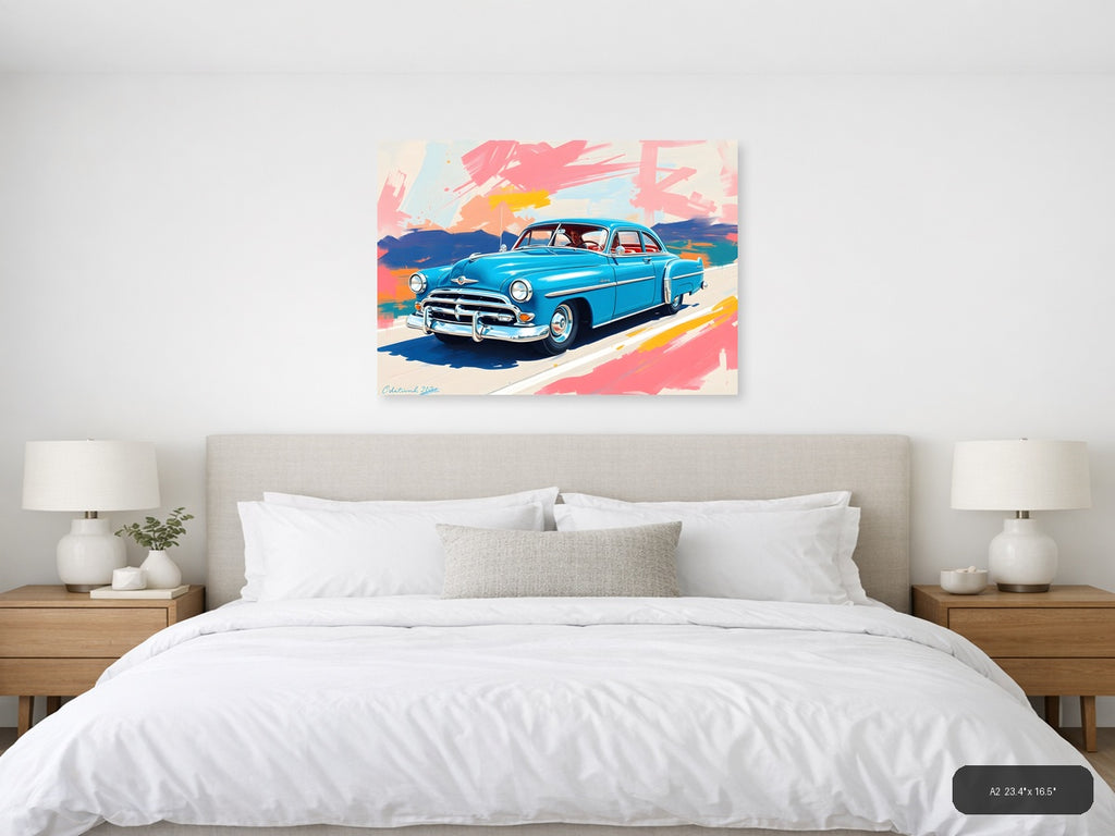 Blue Vintage Car Abstract Brushstrokes Wall Art — A2 / Bedroom