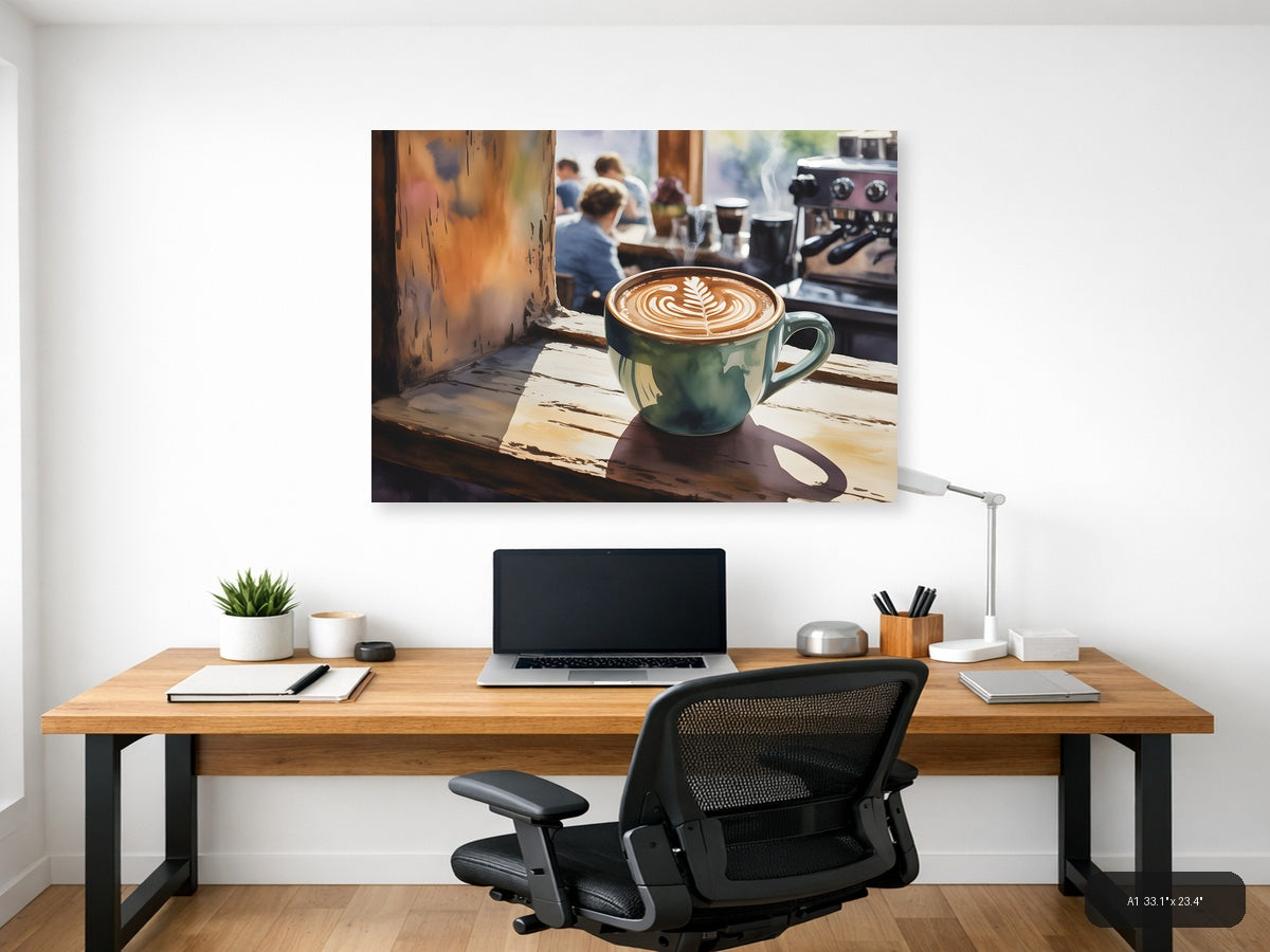 Latte Art Café Window - Watercolor Wall Art — A1 / Office