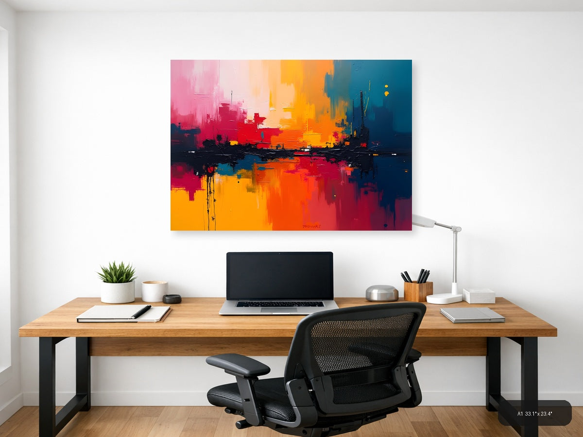 Vibrant Abstract Cityscape Sunset Reflection Wall Art — A1 / Office