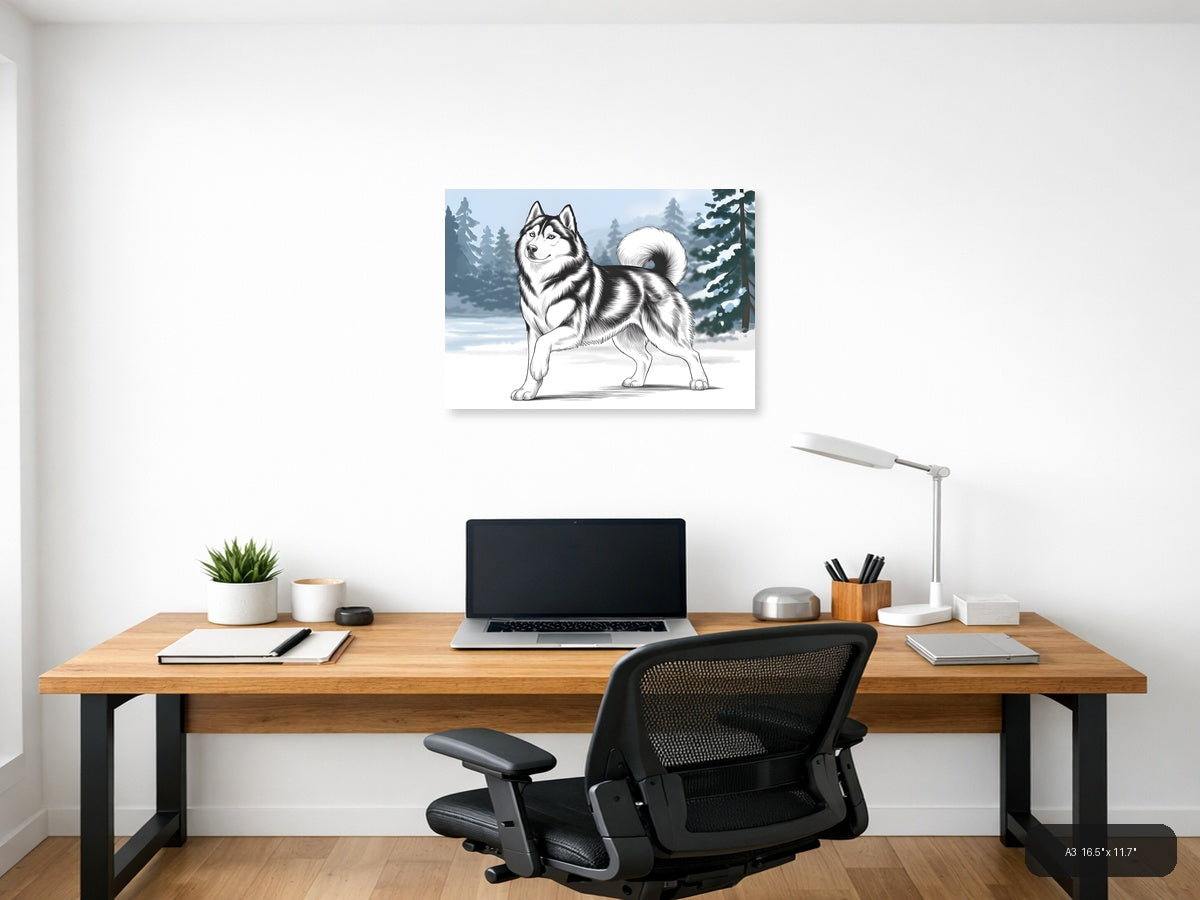 Husky Dog Line Art Winter Forest Landscape Wall Art — A3 / Office