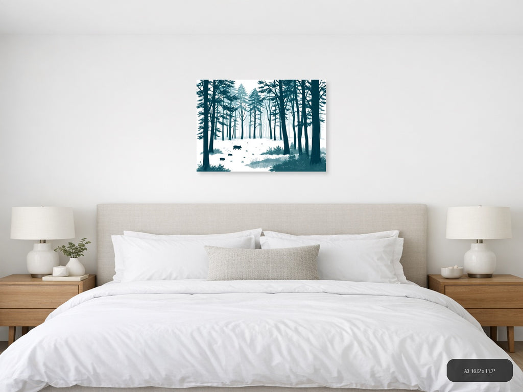Minimalist Winter Forest with Wild Boars Wall Art — A3 / Bedroom