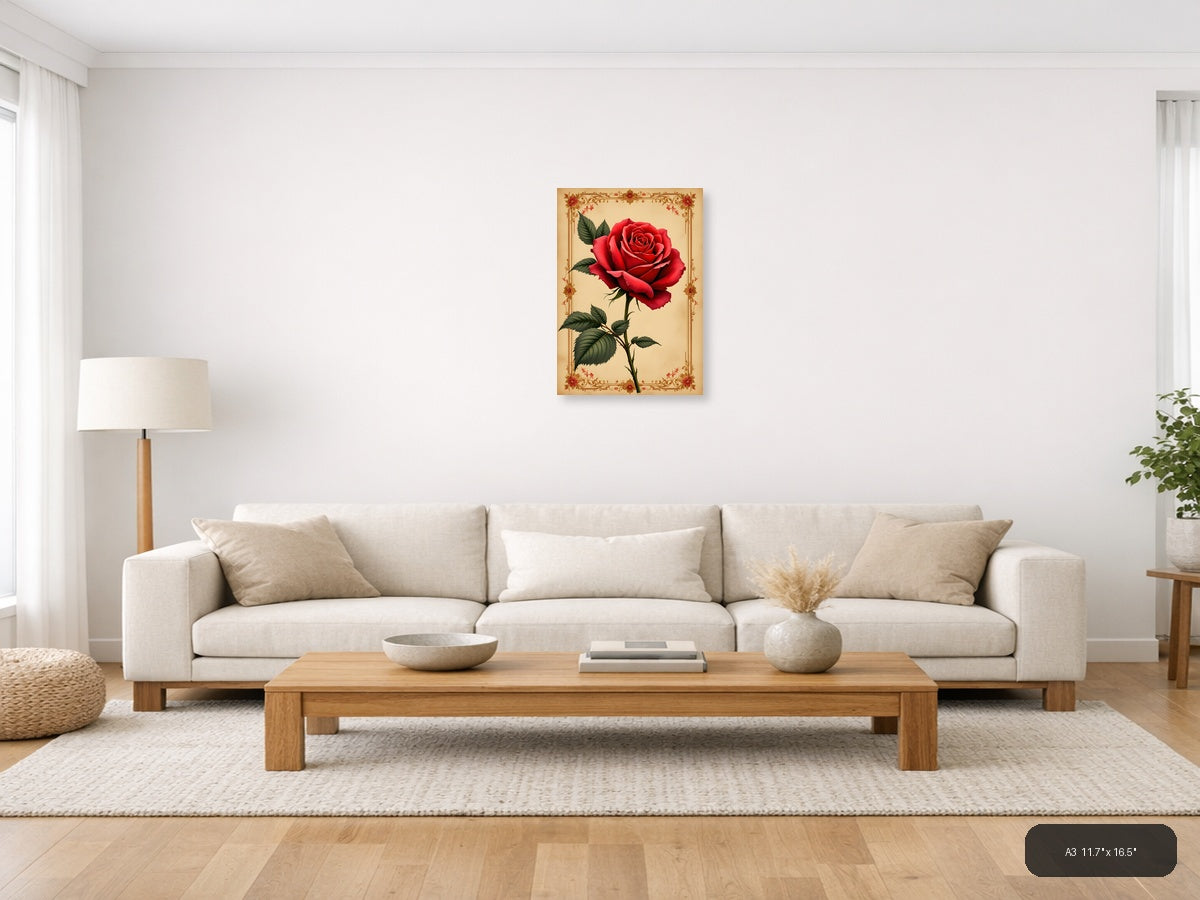 Red Rose Vintage Botanical Portrait Wall Art — A3 / Living Room