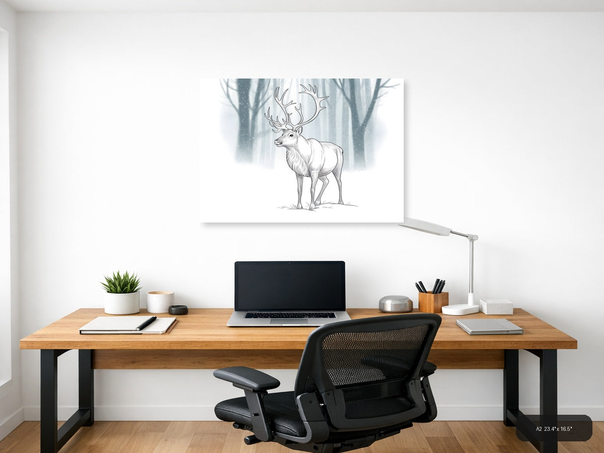 Majestic Deer with Antlers Winter Forest Line Art Wall Art — A2 / Office