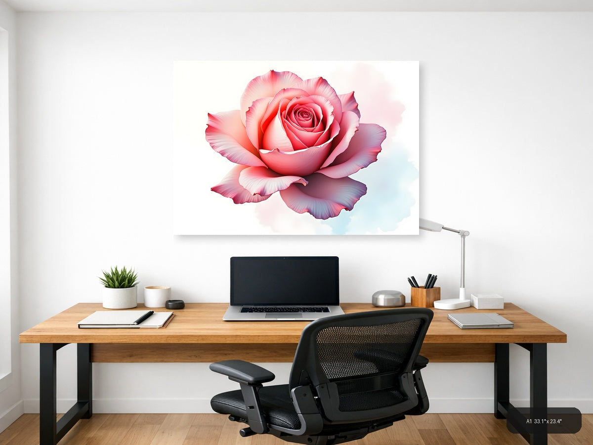 Pink Watercolor Rose Bloom Wall Art — A1 / Office