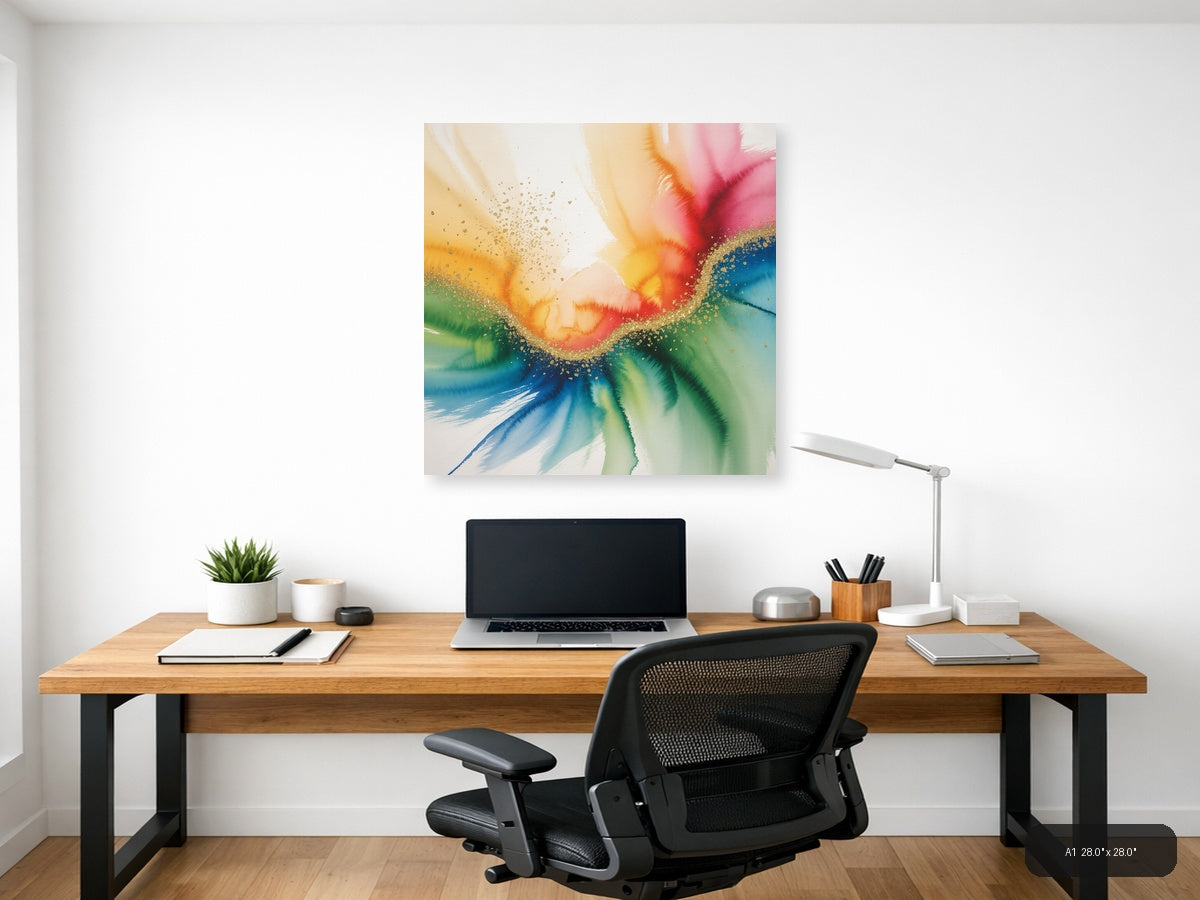 Rainbow Watercolor Flower with Gold Sparkle Wall Art — A1 / Office