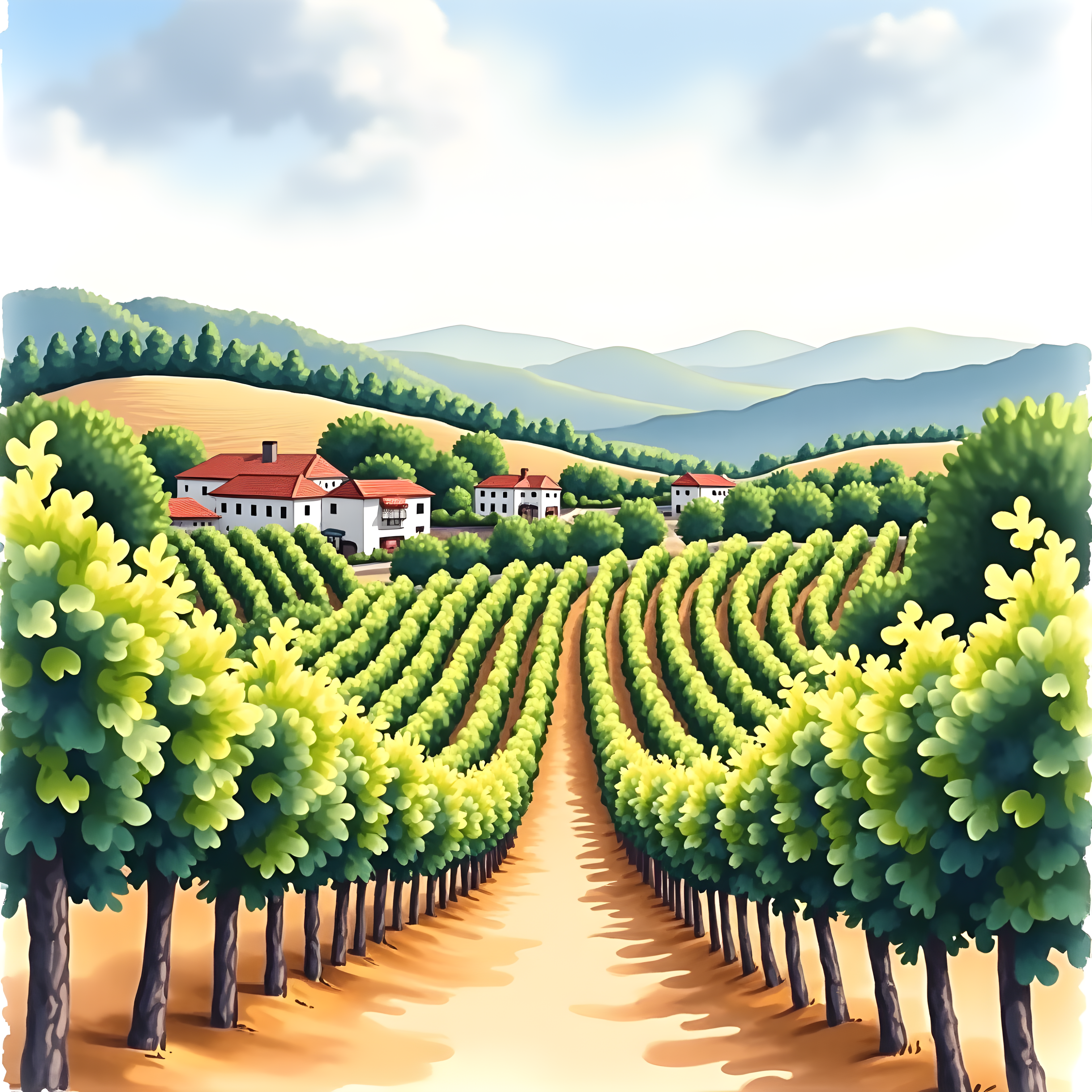 Tuscan Vineyard Watercolor Landscape Wall Art