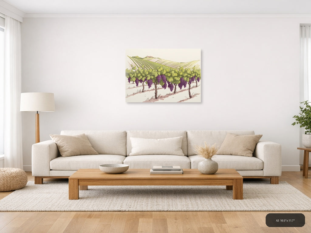 Vineyard Landscape with Purple Grapes Line Art Wall Art — A3 / Living Room