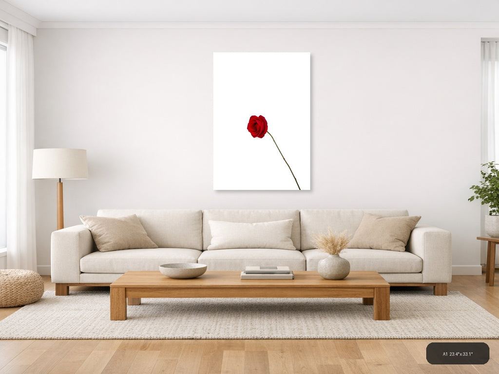 Red Rose on White Minimalist Portrait Wall Art — A1 / Living Room