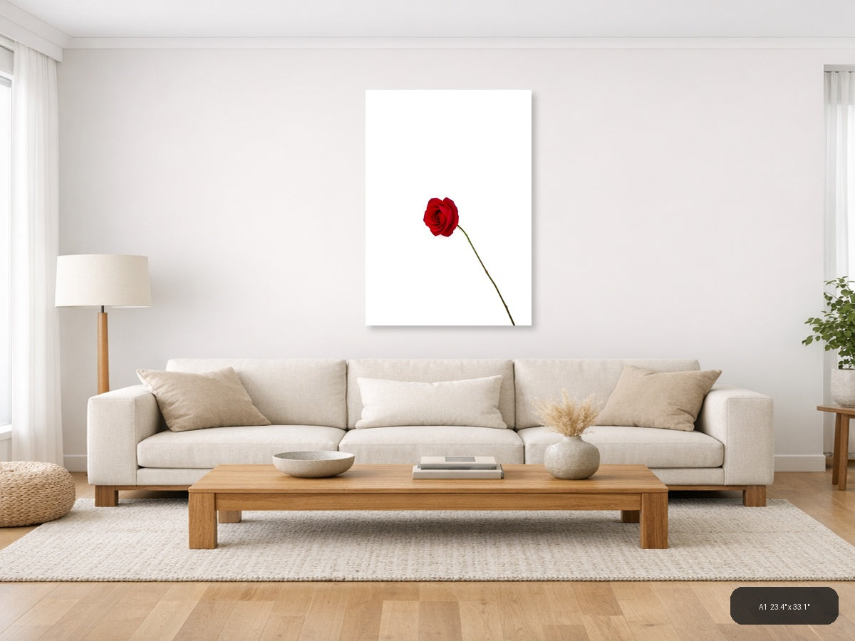 Red Rose on White Minimalist Portrait Wall Art — A1 / Living Room