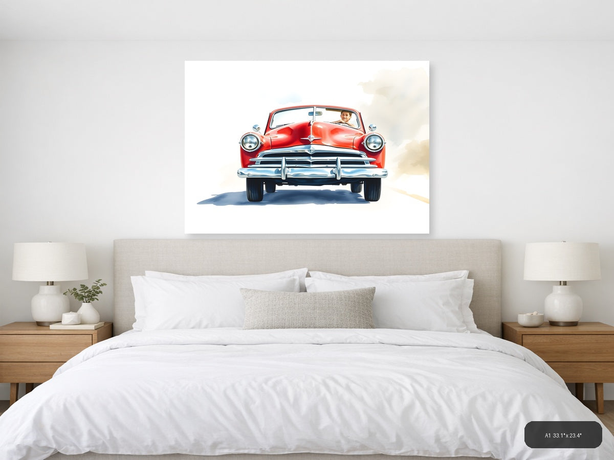 Red Classic Convertible Watercolor Wall Art — A1 / Bedroom