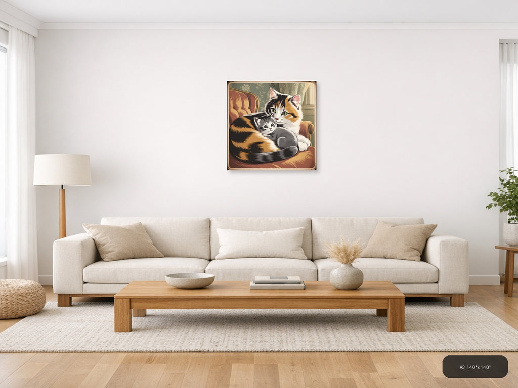 Calico Mother Cat with Kitten Vintage Wall Art — A3 / Living Room