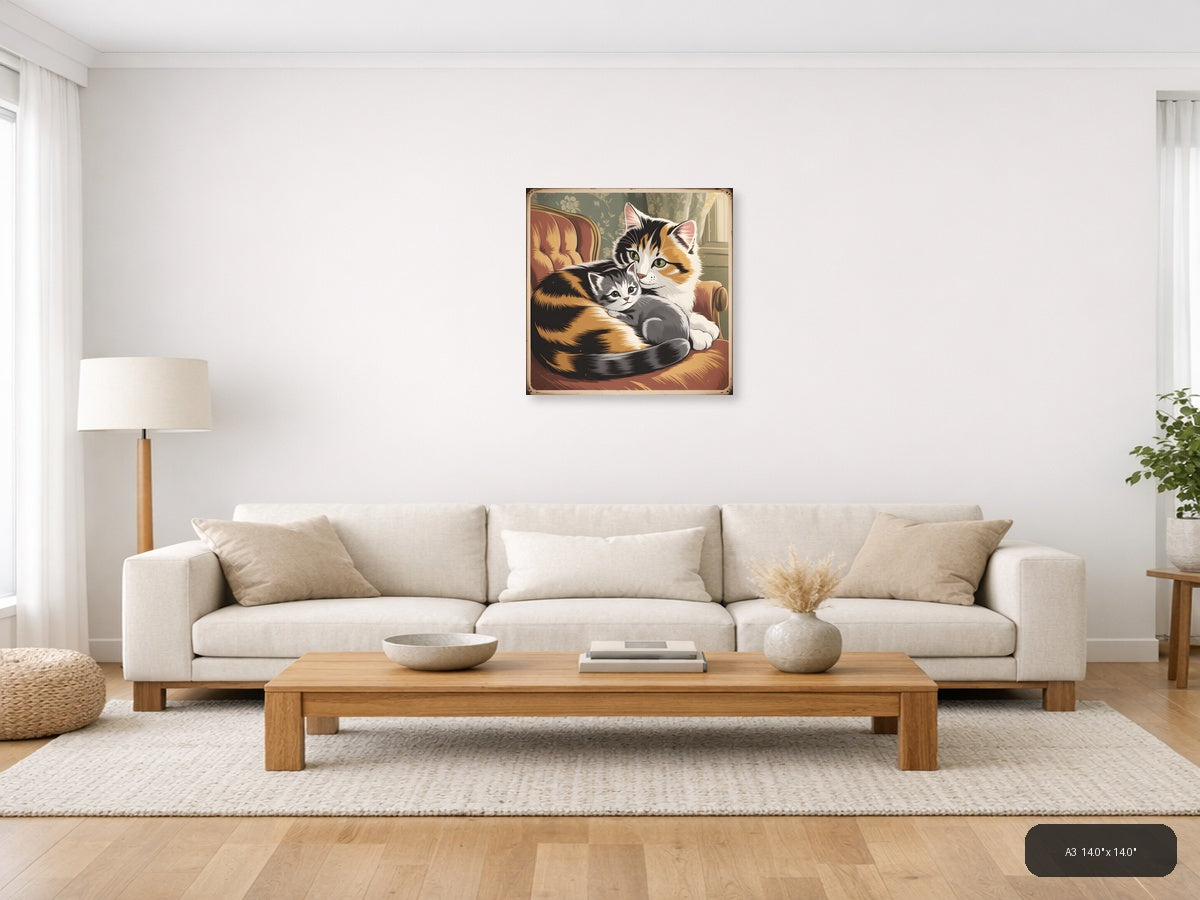Calico Mother Cat with Kitten Vintage Wall Art — A3 / Living Room