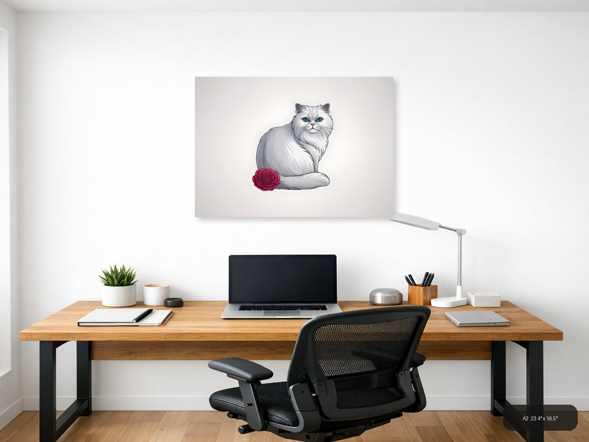 White Fluffy Cat with Blue Eyes and Rose - Minimalist Wall Art — A2 / Office