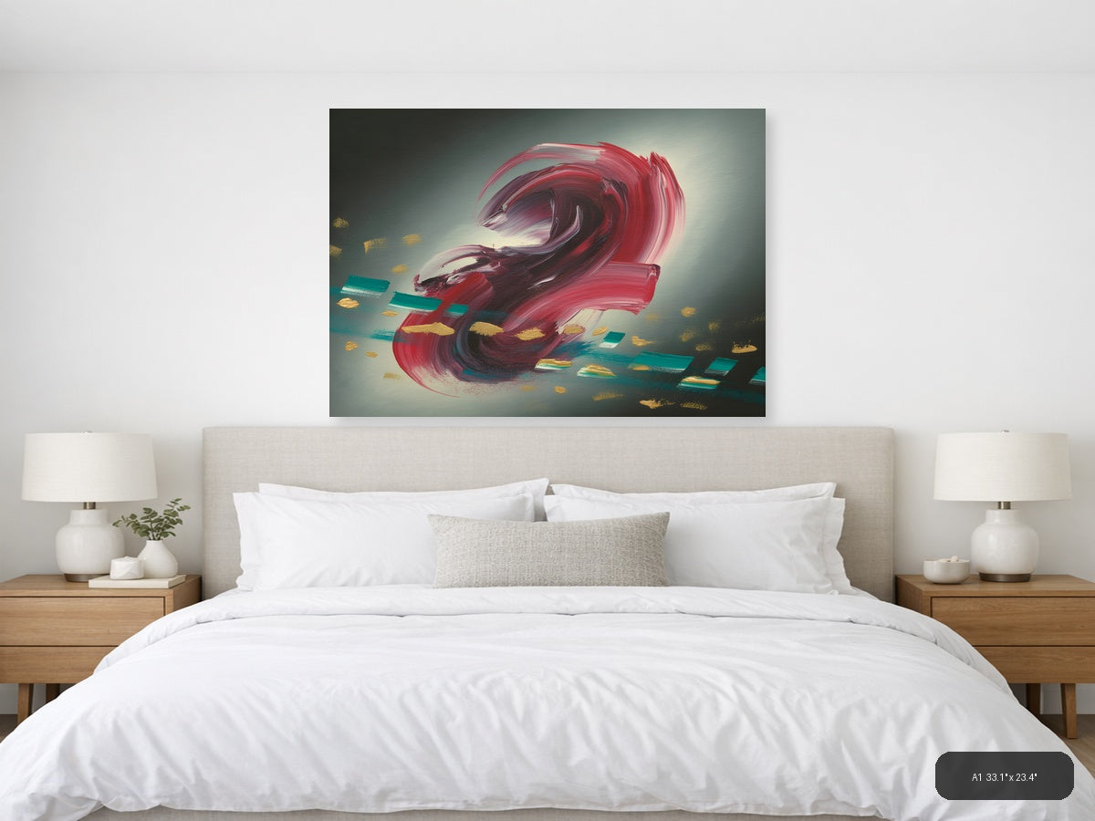 Red Abstract Swirl with Gold Accents Modern Wall Art — A1 / Bedroom