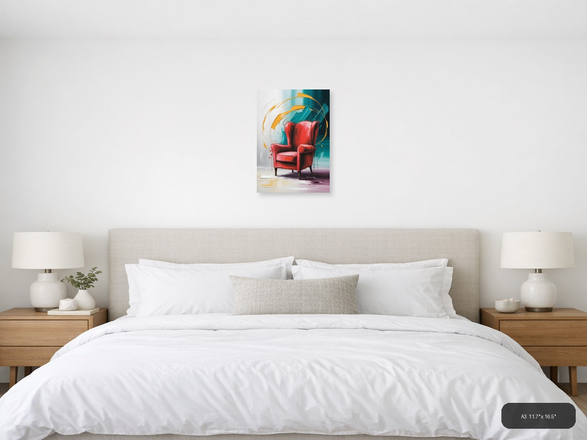 Red Chair Abstract Motion Teal Orange Wall Art — A3 / Bedroom