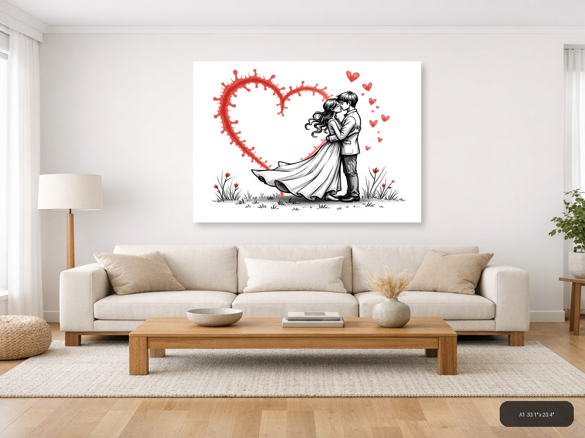 Couple Kissing Red Heart Line Art Wall Art — A1 / Living Room