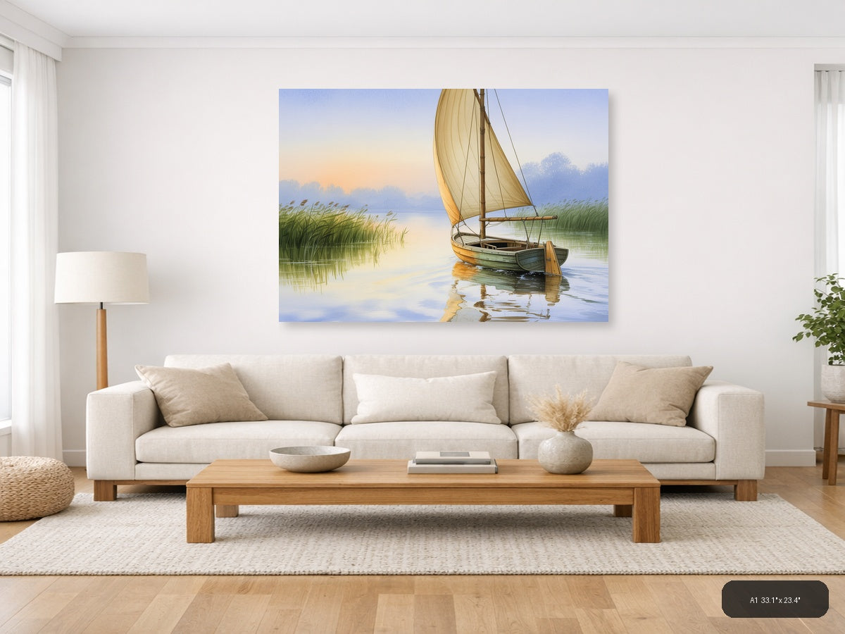 Boat — Watercolor (Landscape) Canvas Print | Watercolor Wall Art | A4 A3 A2 A1 — A1 / Living Room