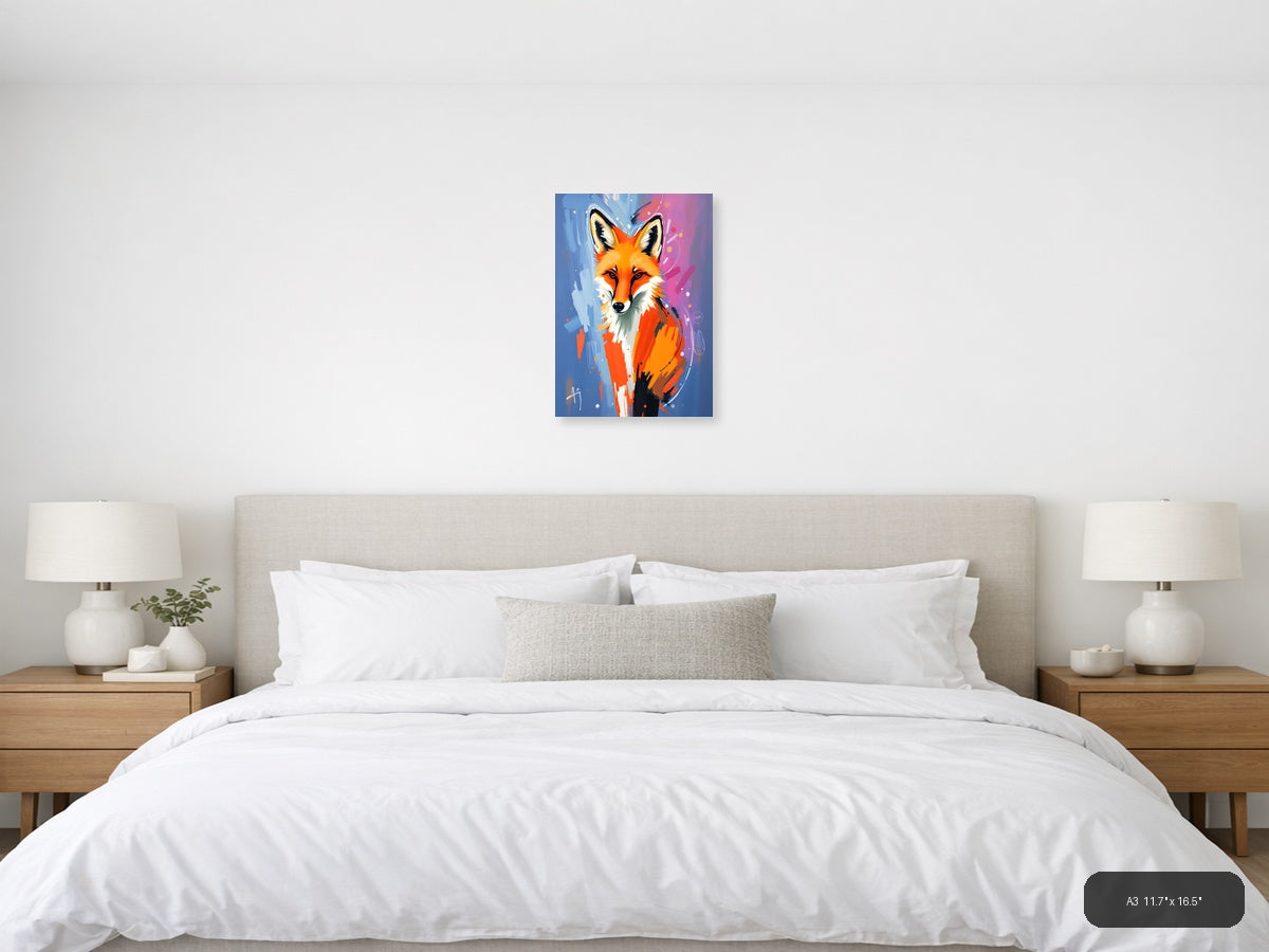 Abstract Fox Portrait: Vibrant Orange & Blue Wall Art — A3 / Bedroom