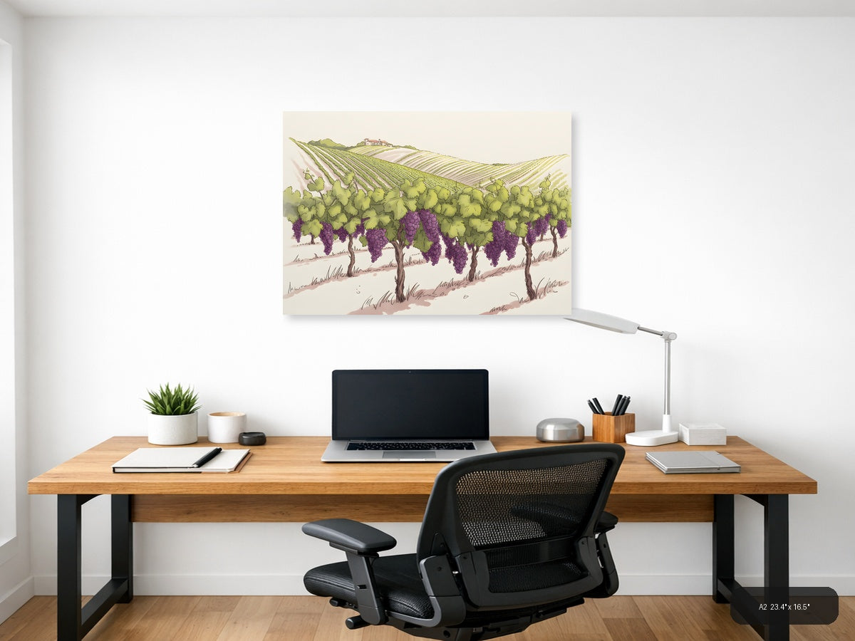 Vineyard Landscape with Purple Grapes Line Art Wall Art — A2 / Office