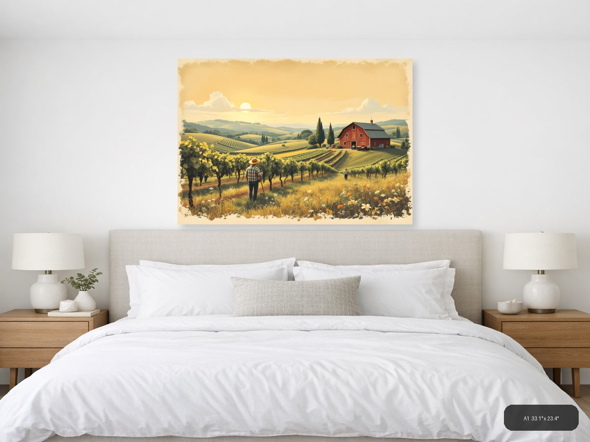 Vintage Vineyard Farm Landscape with Red Barn Wall Art — A1 / Bedroom